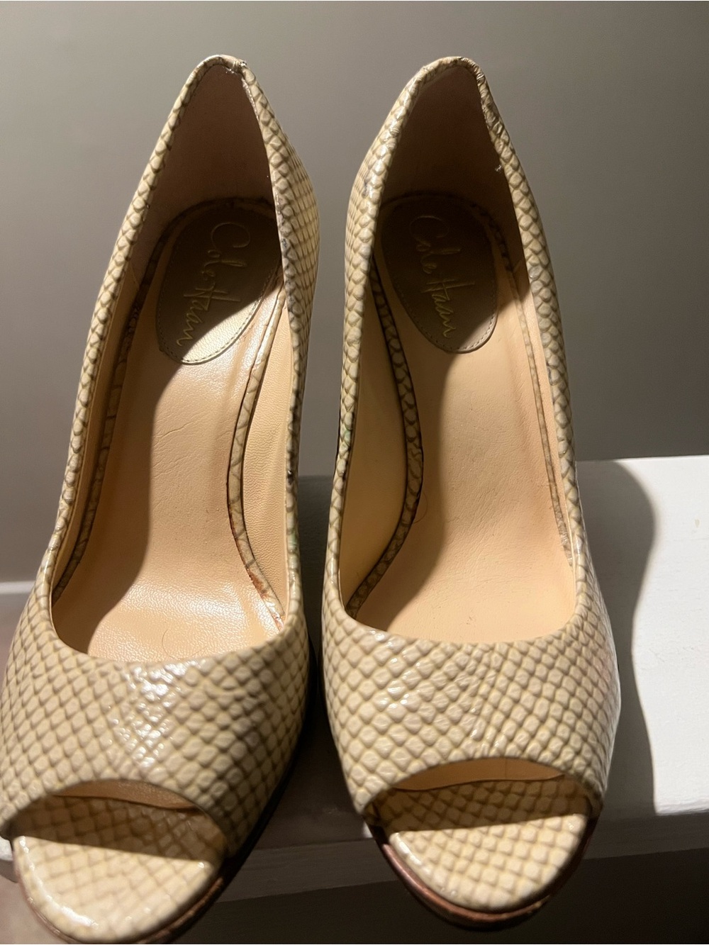 Cole Haan Cream Textured Peep-Toe Wedges